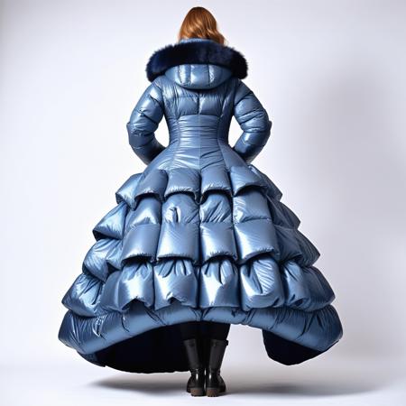 woman blue long down coat big ass wide hips winter boots, shiny fluffy big wide victorian crinoline long down coat, back view