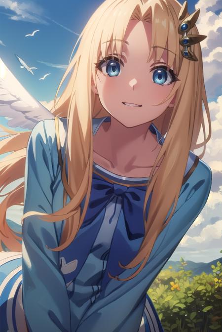 shieldfilo, <lora:shield filo s3-lora-nochekaiser:1>,
filo, long hair, bangs, blue eyes, blonde hair, hair ornament, ahoge, (parted bangs:1.5), hair intakes, smile,
BREAK long sleeves, dress, bow, wings, white dress, blue bow, feathered wings, white wings, bird wings,
BREAK outdoors, nature, forest, sun, sky, clouds, trees, grass, 
BREAK looking at viewer, (cowboy shot:1.5),
BREAK <lyco:GoodHands-beta2:1>, (masterpiece:1.2), best quality, high resolution, unity 8k wallpaper, (illustration:0.8), (beautiful detailed eyes:1.6), extremely detailed face, perfect lighting, extremely detailed CG, (perfect hands, perfect anatomy),