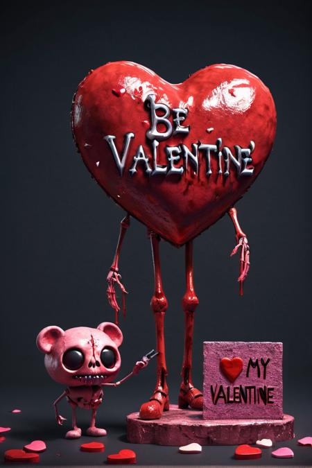 an artists interpretive depiction of bloody valentine with the text ("BE MY VALENTINE":1.1), award-winning, professional, highly detailed, high quality, 8k, extremely detailed, multicolored, unreal 5 render, digital art, 8K artistic photography, octane render, beautiful composition, award-winning photograph, masterpiece BREAK (a cute macabre adult valentine's day card with the text "BE MY VALENTINE":1.3)