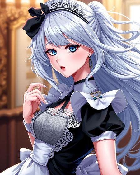 Highly detailed, anime-style girl, beautiful face, smooth porcelain skin, vivid lipstick, perfect makeup, alluring expression, sexy pose, wearing a classic maid outfit with intricate lace details, black and white contrast, elegant and stylish design, soft lighting, background blurred to enhance focus on the character, highly detailed fabric textures, dynamic and flowing hair, vibrant colors