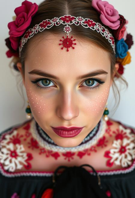 the whole face, shoulders and chest are pierced with openwork threads in the style of Ukrainian national embroidery,  no retouching, photoshop, processing, smoothing