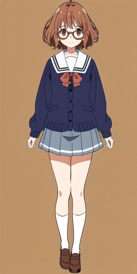 masterpiece,best quality, ultra-detailed, detailed face, 1girl, Kuriyama Mirai, ((full body)), ((full size)), standing, brown_shoes, black_legwear, blue_skirt, smile, brown_hair, cardigan, glasses, kuriyama_mirai, motion_lines, open_cardigan, open_clothes, pantyhose, ((white_background)), pleated_skirt, red-framed_eyewear, school_uniform, serafuku, short_hair, skirt, solo,  <lora:Mirai:0.5>