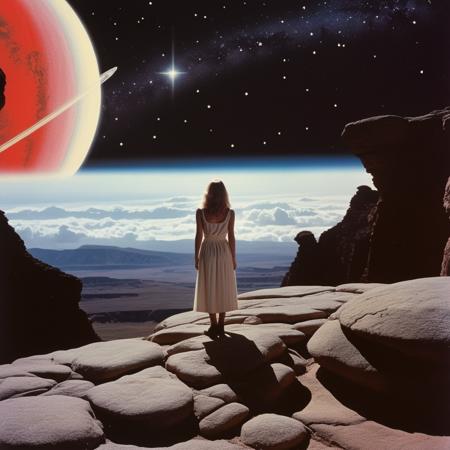 A realistic, surreal futuristic scene in the style of a 1980s sci-fi movie. A white female figure stands prominently, occupying two-thirds of the frame, on a rugged rock formation. The background is a dark cosmic vacuum with distant stars. A large, detailed planet fills the remaining third of the background, enhancing the otherworldly and cinematic atmosphere. The scene uses hues of red, white, and black, with minimal intermediate colors, maintaining high contrast and a retro aesthetic. The image has a grainy, slightly faded texture, vintage film look, and a neon glow reminiscent of classic sci-fi films.