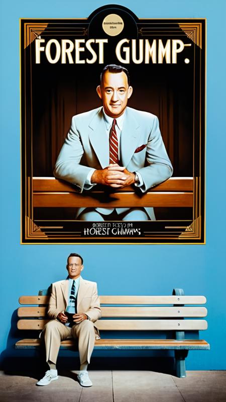 perfect hands, movie poster, Text: "__________", <lora:artdecopostsdxl:1.0>, art deco style, art deco style movie poster, artdecopostsdxl, BREAK,
movie poster of (Tom Hanks from (Forrest Gump)) sitting on a bench facing the viewer, tan suit, light blue dress shirt shirt, white sneakers, small brown suitcase on the bench next to him, white box of chocolates in his lap,((facing viewer:1.5)), wide shot,