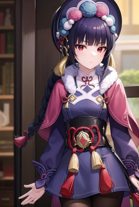 yunjin, <lora:yunjin-lora-nochekaiser:1>,
yun jin, black hair, blunt bangs, braid, eyeshadow, long hair, makeup, purple hair, (red eyes:1.5), red eyeshadow, (small breasts:1.2),
BREAK black footwear, boots, chinese clothes, fur trim, hat, knee boots, long sleeves, pantyhose, pom pom (clothes), purple pantyhose,
BREAK indoors, theater,
BREAK looking at viewer, (cowboy shot:1.5), upper body,
BREAK <lyco:GoodHands-beta2:1>, (masterpiece:1.2), best quality, high resolution, unity 8k wallpaper, (illustration:0.8), (beautiful detailed eyes:1.6), extremely detailed face, perfect lighting, extremely detailed CG, (perfect hands, perfect anatomy),