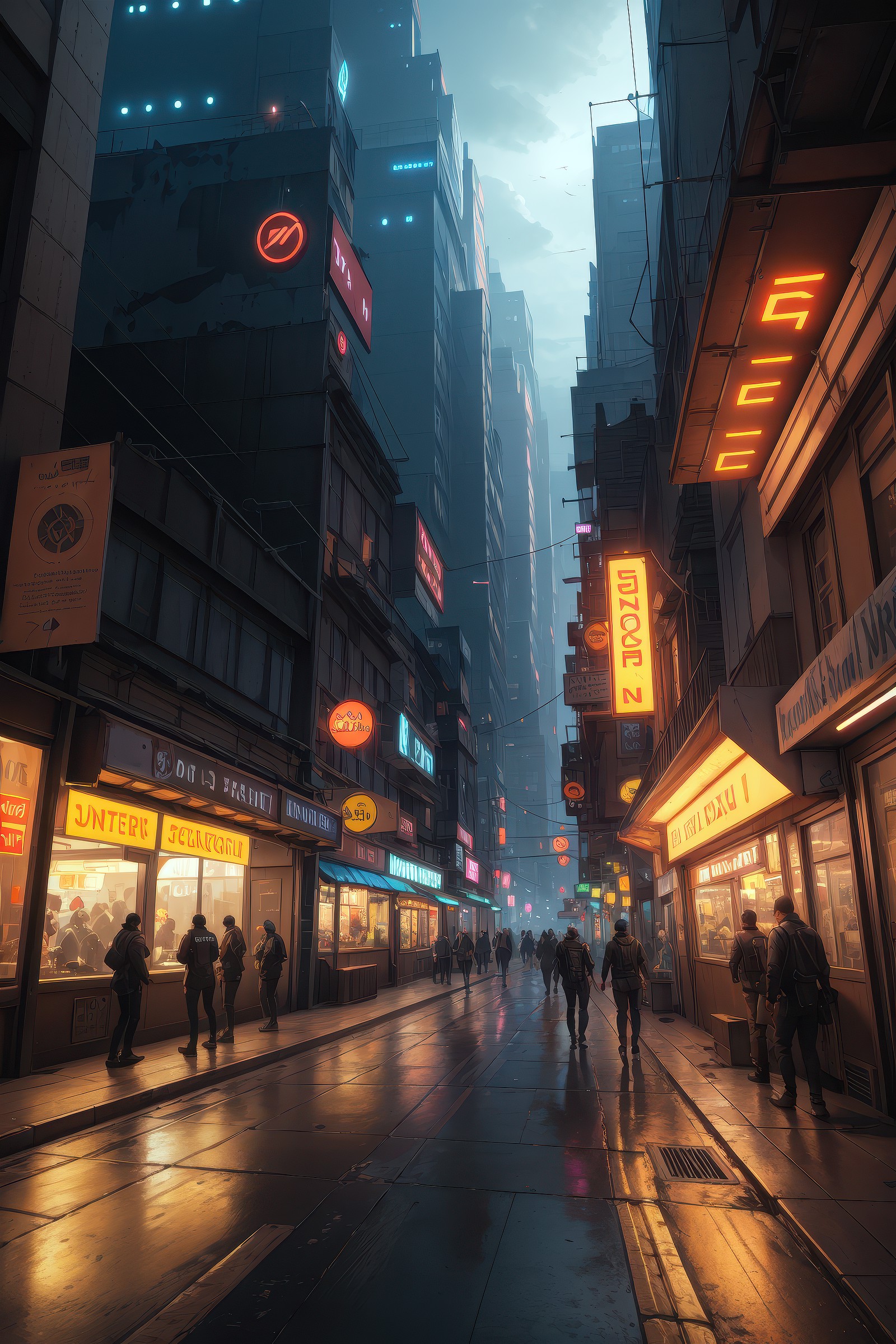 A futuristic science fiction city street scene concept map, fantasy matte painting, high details,,rtx on,Neon light effect...