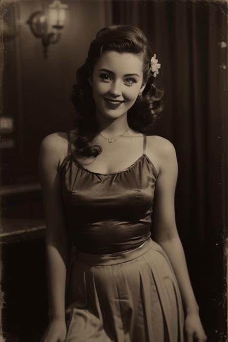 retro pin up photo , (Sepia:1.2), a jazz singer, bar lightings,1950s Fashion, MAKEUP ,Shoulder out, poses in front of the camera, Hollywood Smile, realistic photo 、