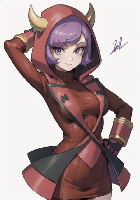 <lora:courtney:0.7>,courtney, 1girl, solo, breasts, looking at viewer, smile, short hair, bangs, simple background, gloves, white background, dress, closed mouth, purple eyes, purple hair, horns, signature, hood, arm up, sweater, eyelashes, red dress, clenched hand, red gloves, ribbed sweater, hood up, fake horns, sweater dress, horned headwear, ribbed dress