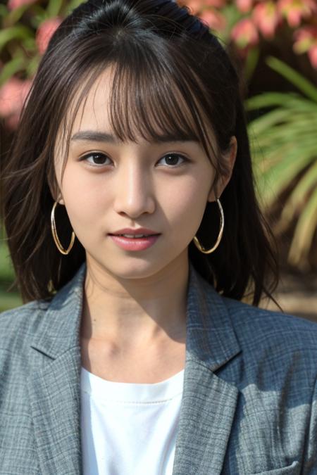 "1girl,close up photo of realyami, brown hair, (short hair:0.550), best quality, earrings,casual clothes,torii, cherry blossoms, (detailed face:1.4), (looking at viewer:1.25), shiny skin, smile, simple background <lora:hy:1>