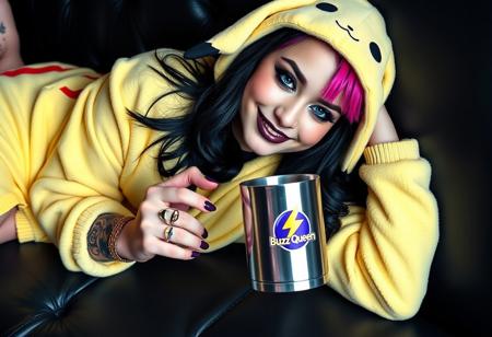 A high-definition photo of a beautiful 20yo goth girl, wearing Pikachu onesie, holding coffee mug. She is laying on a black leather couch, in a seductive relaxed pose, barefoot, smiling. The girl has black hair with pink and purple highlights, framing her beautiful face. Her stunning blue eyes are accentuated by her black eyeshadow. Her lipstick is black and metallic purple. She has visible, vivid, intricate tattoos. The large steel mug bares a yellow lightning bolt logo with 'Buzz Queen' in large letters. 8k detail, full body