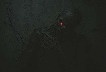 an extremely delicate and beautiful, extremely detailed ,8k wallpaper, Amazing, finely detail, masterpiece, best quality, official art, extremely detailed , incredibly absurdres, huge file size, ultra-detailed, highres, extremely detailed, sleep paralysis demon, ((long and thin monster form, twisted body upside down, long black hair on head arms and legs, long dagger like fingers piercing the wall)), red glowing eyes, dim light reflects spots of blood on the body, very dark, monster form barely visible mutant, TNstyle