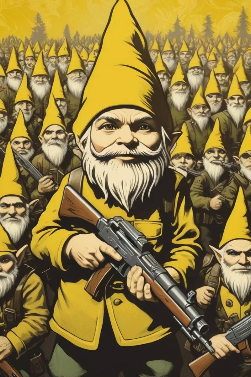 gnome in yellow hat holding an ak47, leading an armed mob of elves, shepard fairey style poster art <lora:Shepard Fairey S...