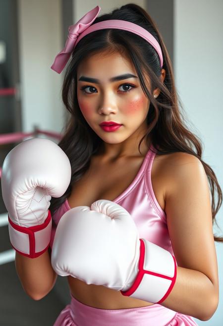 Cinematic full shot of a gorgeous, curvaceous asian female boxer with freckles, thick legs, eyelashes and big pink lips, pink silk cheerleader uniforms, glossy lips, headbands, and shiny white boxing gloves with her hands in a boxing stance and pursed lips