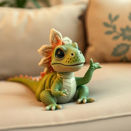 cute dynosaur laying on the sofa with his hands up