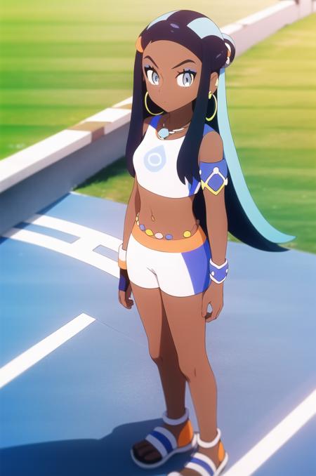 (masterpiece), high quality, (detailed background), 1girl, solo,
<lora:PokemonNessa-v1-07:0.7>, ChopioNessa, black hair, aqua hair, multicolored hair, two-tone hair, long hair, single hair bun, white hair ornament, sidelocks, orange hair beads, blue eyes, eyelashes, makeup, blue eyeshadow, hoop earrings, earclip, (looking at viewer:1.3), 
outfit_1, necklace, white crop top, sleeveless, bare shoulders, blue armband, gold armlet, dynamax band, midriff, navel, belly chain, single glove, black glove, partially fingerless glove, gym shorts, white sandals,
stadium, sunny, lens flare, depth of field, blurry background, standing, holding pokeball, serious, (straight-on:1.5), facing viewer,