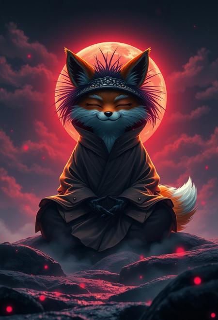 style by Petros Afshar,best quality,high resolution,realistic,8k,dynamic angle,serene,extremely detailed,absurdres particle effect,wonderful night dreamlike glowing masterpiece, celestial,detailed,realistic, clouds, Capturing serenity amidst boundless solitude: a powerful image of a fluffy ninja fox draped in flowing feudal garb, with its eyes closed, large sedge-hat, meditating in lotus position upon an endless, sunless expanse, JAPAN atmosphere, water reflection, insane glowing ,image concept art,phenomenal sakura blooming mesmerise,maximalist petal Bioluminescence majestic foliage detailed celestial,sightseeing,fantasy colorful-forestside ultrarealistic fairy,mossy, skytop realistic garden, huge detailed, red moon, big moon, Cyborg Samurai