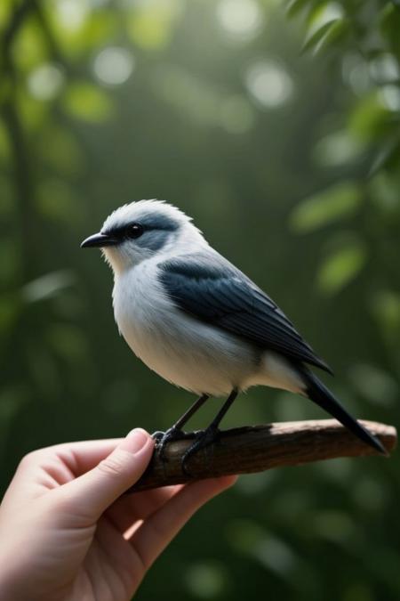 a beautiful tiny bird made from triangle colored glass pieces,endless space cealed inside the bird,bird is sitting on the twig in the froest,luminous and shiny,sharp focus,forest background,detailed,photorealism,