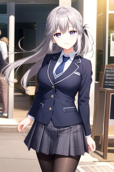 ((masterpiece)),(best quality),official art,extremely detailed CG,unity 8k wallpaper,ultra detailed,beautiful detailed eyes,extremely detailed face,1girl,solo,cowboy shot,looking at viewer,facing viewer,smile,Yukisaki Erena(skrk),grey hair,very long hair,shiny hair,braid,hair between eyes,bangs,floating hair,sidelocks,purple eyes,school uniform,blue jacket,blazer,wing collar,open jacket,blue necktie,collared shirt,white shirt,taut shirt,long sleeves,large breasts,miniskirt,pleated skirt,plaid skirt,black pantyhose,loafers,<lora:Yukisaki Erena(skrk)>,