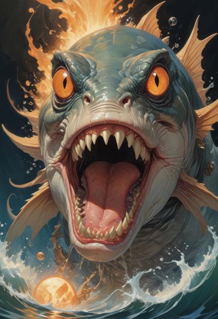 Art painting  by  moebius.
the style of Noriyoshi Ohral, Inspired by the art of Moebius and J.C. Leyendecker, best quality, masterpiece, surreal, painting, fish, front view, fisheye, close-up, zoomed:3, leviathan attack, incoming attack, underwater, massive sharp teeth, glowing eyes, evil, glow, light particles, glossy, contrast background, Intricate and detailed concept art, horror \(theme\), gloomy, unsetting, darkness, chiaroscuro, glowing, contrast lighting, mysterious atmosphere, caustics, refraction, Sharp focus, dramatic lighting and cinematic lights by Ridley Scott, color contrast, artistic, Franz Marc, art by (petrus van schendel) (Hans Larwin) and (dorian cleavenger), ultra detailed.
bad_prompt_version2, negative_hand, J.C. Leyendecker Style page, Mike Mignola Style page, ac_neg1