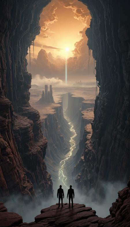 Vast circular chasm landscape, colossal canyon with sheer cliffs disappearing into swirling mist, two silhouetted figures standing at the edge overlooking the abyss, dramatic sky filled with fluffy clouds, otherworldly terrain stretching beyond, warm earthy tones, cinematic lighting, concept art by Roger Dean and Caspar David Friedrich, trending on Artstation, DonMM4ch1n3W0rldXL