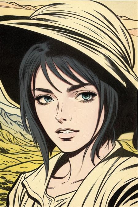 Masterpiece, best quality, hi res, 8k, hi res, 8k, award winning , (sharp focus, intricate, highly detailed), <lora:kirbywood:1>, kirbywood, 1girl, drawing of a russian woman in the mountains, beautiful, perfect face, childish appearance, desert,  (front view), Expression of concern, vintage color comics, (Backlight), dramatic light, (2D), (anime:1.0)
