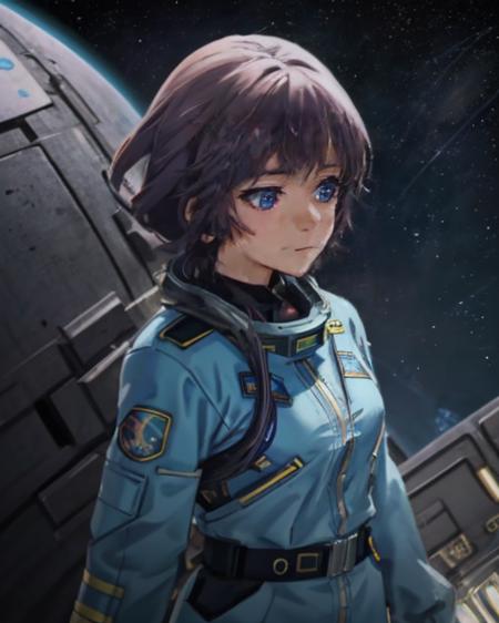 (anime), (illustration), cartoon, detailed, A woman in a futuristic space uniform, against the background of the spaceport, close up <lora:DetaliSlider:2> <lora:Alisa200:0.7>, maximum details