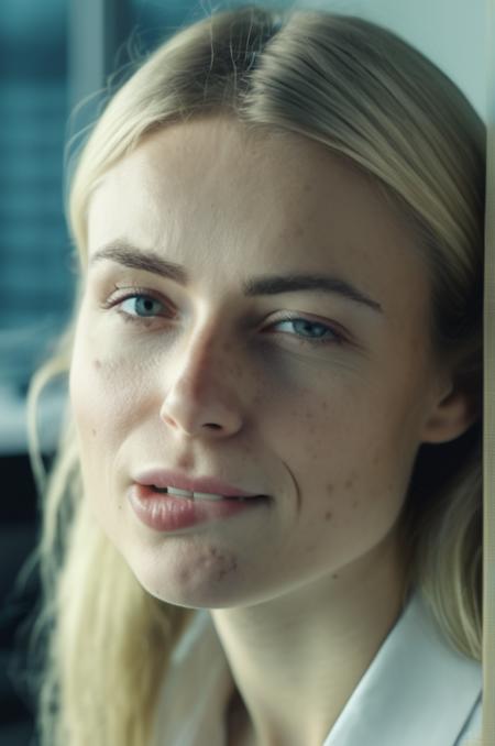 portrait photo of an 20 years old european blonde haired woman sitting in office,  \(biting her lips\), \(winks with one eye at viewer:1.8\) , 8k, uhd, realistic, detailed skin, insane detailed, Illumination daylight, <lora:artisticmakeup_bit_winks_yamer:1>