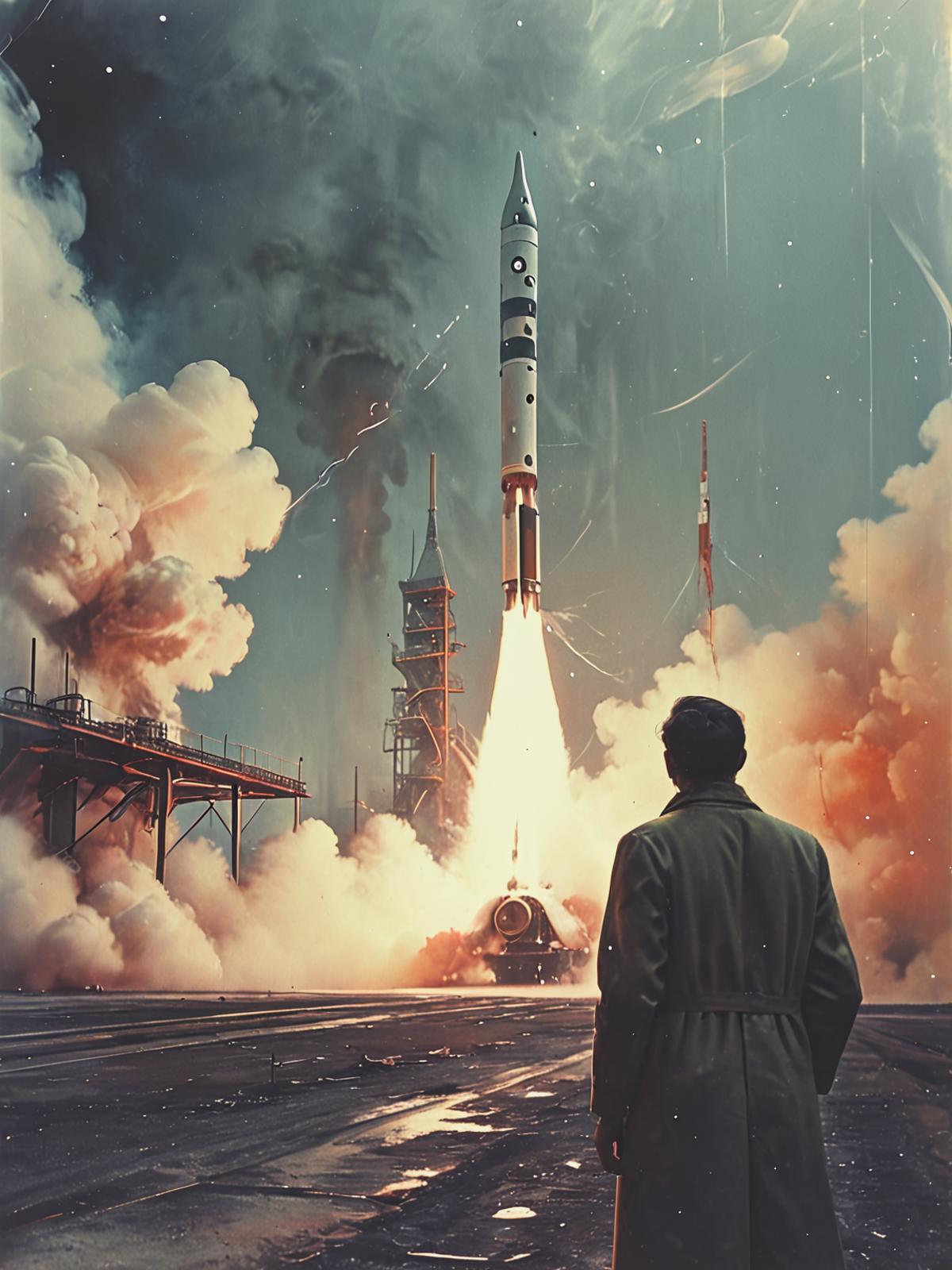 A man standing in front of a rocket launch, watching the space shuttle blast off.