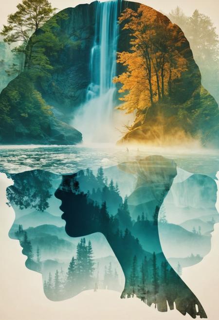 [Abstract style waterfalls, 
wildlife] inside the silhouette of a [woman]âs head that is a double exposure photograph . Non-representational, 
colors and shapes, 
expression of feelings, 
imaginative, 
highly detailed