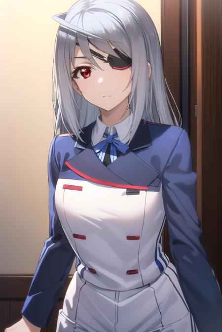 laurabodewig, <lora:laura bodewig s2-lora-nochekaiser:1>,
laura bodewig, long hair, (red eyes:1.3), grey hair, eyepatch,
BREAK school uniform, ribbon, blue ribbon, long sleeves, (red trim:1.2), uniform, military uniform, (white military uniform:1.5),
BREAK indoors, classroom,
BREAK looking at viewer, (cowboy shot:1.5),
BREAK <lyco:GoodHands-beta2:1>, (masterpiece:1.2), best quality, high resolution, unity 8k wallpaper, (illustration:0.8), (beautiful detailed eyes:1.6), extremely detailed face, perfect lighting, extremely detailed CG, (perfect hands, perfect anatomy),