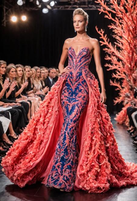 a model on a catwalk wearing an elegant gown made of coralbugXL, fashion show, audience, colourful, aesthetic, award winning photograph