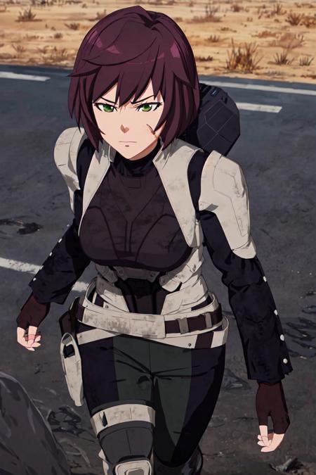 mei_pacific scar on face, purple hair, scar, green eyes, short hair, brown hair gloves, boots, belt, fingerless gloves, armor, bodysuit, armored boots, knee pads, 