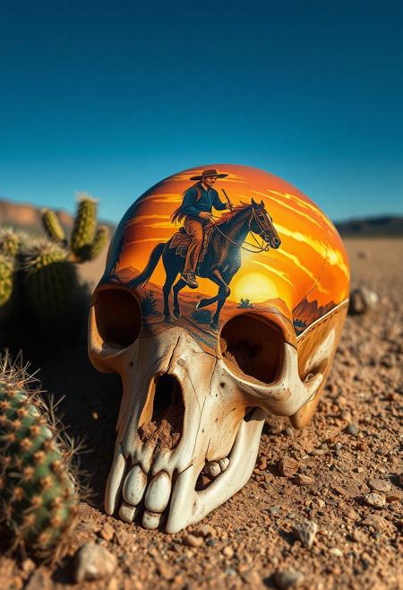 A human skull sits on the desert ground next to a cactus, its surface transformed into a canvas of vivid, western-themed art, tells the story of a lone cowboy riding his horse off into the sunset. The painting, rendered in exquisite detail, features the cowboy's worn leather saddle and hat, his horse's flowing mane and tail, and the vast, sweeping expanse of the American West. Every brushstroke is meticulously captured, from the delicate, swirling patterns of the cowboy's bandana to the tiny, shimmering highlights on the horse's bridle. The overall effect is one of haunting, surreal beauty, as if the very essence of the American frontier has been distilled into this transformed skull, turning something once macabre into a masterpiece of western art. highest-Quality, intricate details, visually stunning, Masterpiece