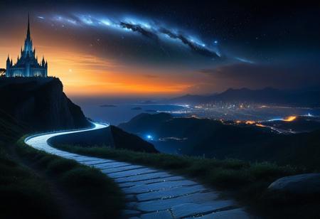 At night in the foreground is an intricate stone path curving downwards down a mountain towards the large coastal city in the background. Green shimmering fireflies sparsely line the path towards the city in the background that is built from white stone, with organic, flowing architecture illuminated by soft silver night light from the high rooftops. Crystals throughout the city emanate a gentle white glow, while heavy shadows darken the streets which are sparsely lit. The night sky is dark with an orange-toned atmosphere (red, orange, white, soft blues), violent solar storm above, arcs of space lightning crackling through the charged atmospheric haze, in the sky: a massive celestial body looms with smaller celestial bodies orbiting it, feeding off the glowing gases of a nearby nebula, tendrils of cosmic gases stretching between them, surreal space sky filled with stars and interstellar dusts suggesting this is an alien world. The streets are empty, adding to the serene, mystical atmosphere. The wonderfully constructed buildings spire in a grandiose show of power. It's part castle part city.
(masterpiece, cinematic composition, moody lighting, soft glow, epic fantasy setting, volumetric light, hyper-detailed environment, intricate textures, dramatic shadows, ultra-sharp focus, depth of field, stunning visual aesthetics, highly immersive scene,  cinematic sci-fi concept art, illustrated by Raphael Lacoste and Syd Mead).