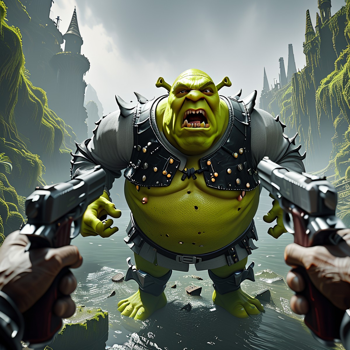 Cinematic shot of a knight holding pistols in each hand, fighting a big Shrek boss, swamp in background, dual pistol pov, ...