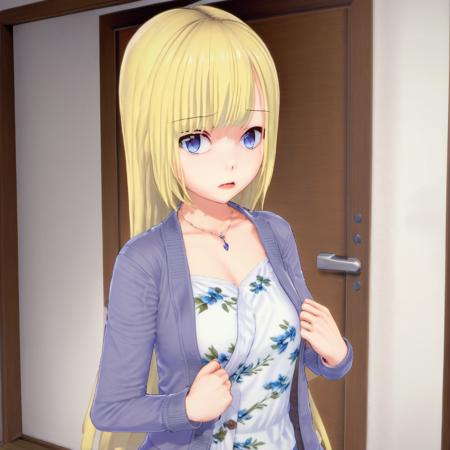 Ayane Amamiya, 1girl, long hair, blonde hair, solo, necklace, jewelry, blue eyes, looking at viewer, bangs, floral print, upper body, collarbone, door, jacket, shirt, open clothes, open door, parted lips, long sleeves, breasts, white shirt, cardigan, shiny,  <lora:Ayane_Amamiya:1>