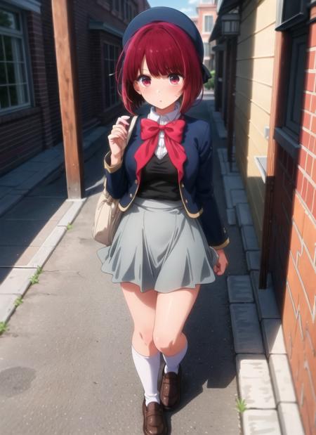 arimakana, 1girl, large  breasts, solo, black sweater,  black head ribbon, skirt, hat, red hair, shirts, short hair, bob cut, pink bow, bowtie, red eyes, socks, shoes, school uniform, open jacket, blue jacket, loafers, brown footwear, jacket, grey skirt, white socks, blunt bangs, <lora:arimakana_v1:0.9> outdoor, street, shiny skin, standing, upper body <lora:more_details:0.4>