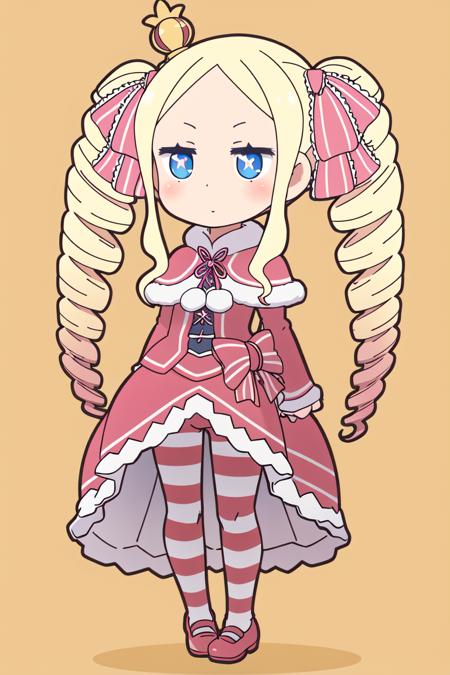 <lora:BeatriceV1:0.7>
Beatrice, 1girl,solo,long hair,blush,blue eyes,blonde hair,long sleeves,dress,ribbon,twintails,full body,hair ribbon,pantyhose,sidelocks,frills,striped,chibi,symbol-shaped pupils,fur trim,capelet,drill hair,frilled dress,crown,yellow background,twin drills,mini crown,fur-trimmed capelet,striped pantyhose