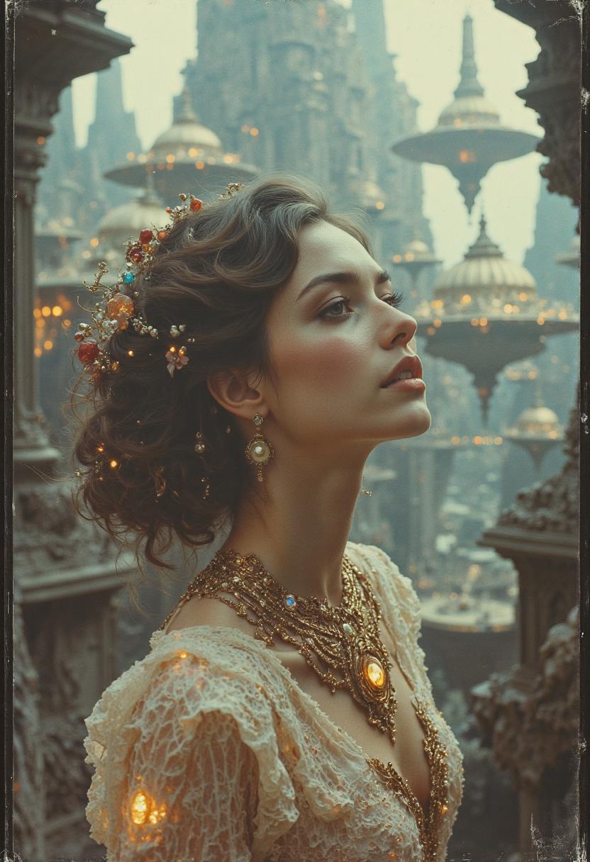  analogstyle,An aged, ethereal photograph, its edges softened by time and the shimmering glow of aetherium energy, captures a captivatingly beautiful woman amidst the floating islands and gravity-defying structures of an aetherpunk-inspired steampunk metropolis. Her face, a study in delicate features and dreamy eyes that reflect the wonder and serenity of her world, is framed by a cascade of flowing, iridescent hair, styled in intricate braids and adorned with levitating crystals and glowing aetherium particles. 

She is clad in a magnificent gown of flowing, translucent fabrics and intricate aetherium circuitry, its shimmering patterns and glowing accents hinting at the advanced technology and spiritual harmony of her world. The cityscape behind her is a marvel of aetherpunk architecture and steampunk aesthetics, with floating islands connected by shimmering bridges of light, towering structures that defy gravity, and graceful airships that navigate the skies with the aid of aetherium energy.

The overall impression is one of ethereal beauty and a harmonious blend of technology and spirituality, a testament to the boundless possibilities of a future where humanity has harnessed the power of aetherium to create a world of wonder and tranquility. The analog style of the photograph, with its grain and imperfections, adds a layer of nostalgia and a touch of the otherworldly, suggesting that this image is a glimpse into a utopian future where technology and nature coexist in perfect balance. This is a portrait of a woman who embodies the spirit of this aetherpunk steampunk age, a symbol of the beauty and the peace that can be found in the fusion of science, spirituality, and the human soul.