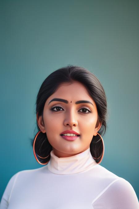 EeshaRebba,<lora:EeshaRebbaSD1.5:1>,Realistic photo of a beautiful woman, 1girl, solo, looking at viewer, smile, short hair, blue eyes, blonde hair, simple background, white background, jewelry, earrings, parted lips, artist name, lips, turtleneck, portrait, hoop earrings, realistic, android 18, soft lighting, professional Photography, Photorealistic, detailed, RAW, analog, sharp focus, 8k, HD, DSLR, high quality, Fujifilm XT3, film grain, award winning