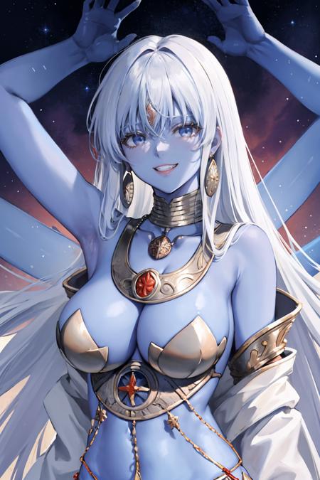 masterpiece, best quality, <lora:fatekali-nvwls-v1-000009:0.9> fateKali, blue skin, extra arms, bikini armor, necklace, armlet, earrings, bedroom, large breasts, grin, looking at viewer, night sky, upper body