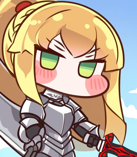 <lora:opinew6-10:1>,chibi,
1girl, armor, solo, blonde hair, weapon, sword, green eyes, looking at viewer, gauntlets, holding, shoulder armor, pauldrons, holding weapon, holding sword, ponytail, breastplate, long hair, standing, braid, bangs, sky