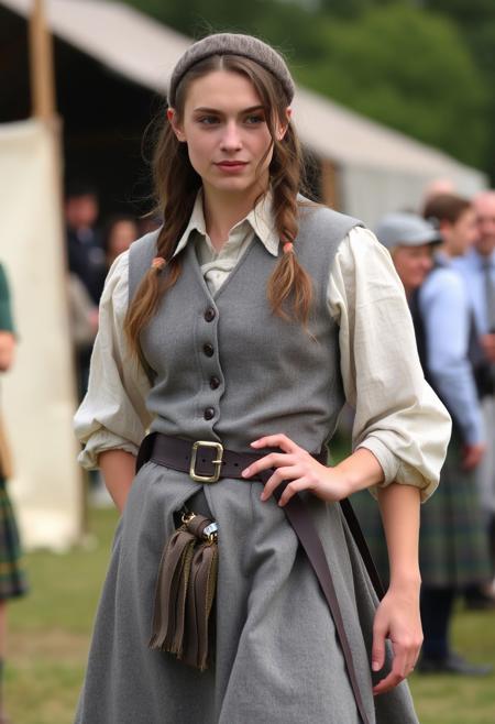 A masculine woman at a renaissance fair wearing a grey canvas kilt, wide-collared shirt, and a grey spotted vest.