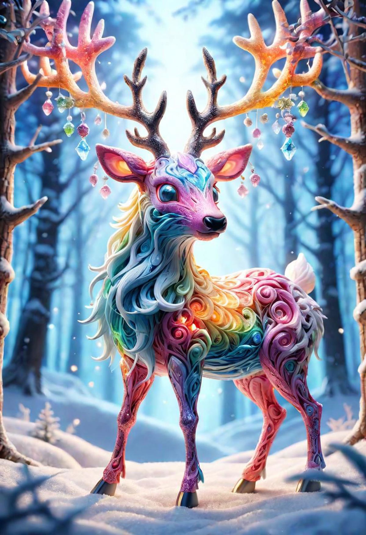A multicolored deer with a blue face standing in the snow.