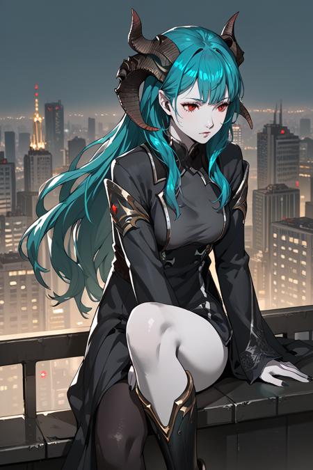 VVGirl, demon horns, red eyes, long hair, aqua hair, gray skin