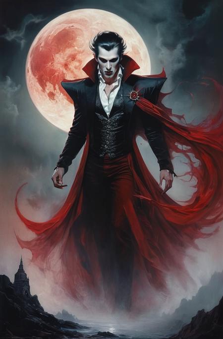 vampire, red, glowing eyes, mist, exploding moon in background, style of Karol Bak, style of Clint Cearley,  <lora:add_detail:1>