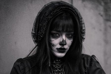 Teen brunnete nordic goth girl | tattoo | smile | dark | in dark room | Adult | Dark | High quality | gothic makeup | realistic