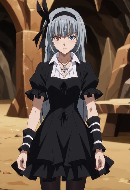 ValentineTS, long hair, grey hair, heterochromia, red eyes, blue eyes, black hairband, hair ribbon, black ribbon, frilled dress, black dress, puffy short sleeves, white shirt, cross necklace, arm warmers, black pantyhose ValentineKimono, high ponytail, long hair, grey hair, heterochromia, red eyes, blue eyes, hair ribbon, black ribbon, bath yukata, floral print, pink kimono, black sash