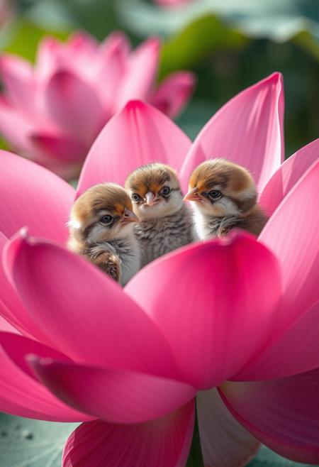 This vibrant painting 
"A close-up, eye-level shot captures three adorable, fluffy sparrow chicks perched delicately within the vibrant pink petals of a fully bloomed lotus flower. The soft, natural light illuminates their soft brown and white feathers, highlighting their curious expressions. Two chicks are nestled close together on the left, while the third sits slightly elevated in the center of the bloom. The rich green of the lotus leaves and a blurred backdrop of additional pink lotus flowers provide a serene and harmonious natural setting, emphasizing the tender interaction between the young birds and their floral sanctuary. The focus is sharp on the birds and the lotus, with a beautiful bokeh effect in the background, creating a peaceful and heartwarming scene."
