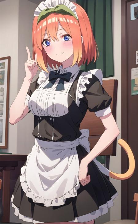 nakano yotsuba, short_hair, bangs, blue_eyes, orange_hair, hair bow, green ribbon, hair_between_eyes, 